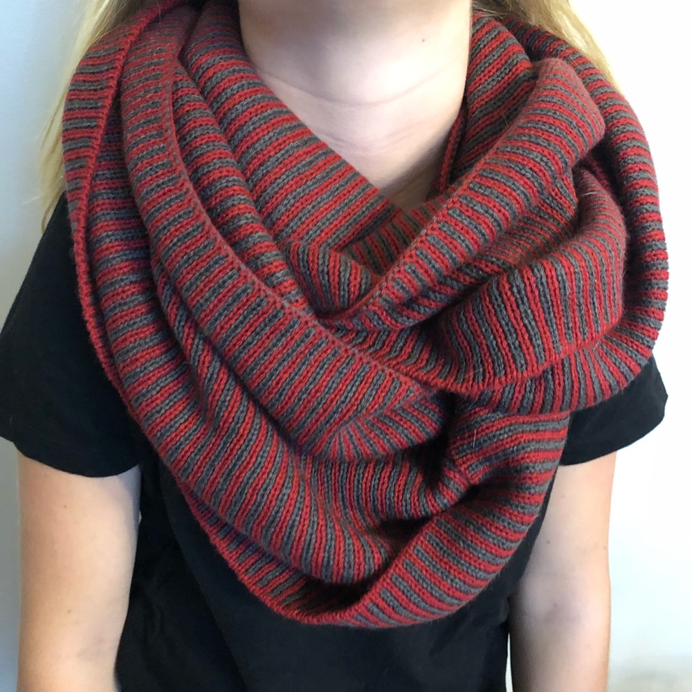 Red and grey striped infinity scarf